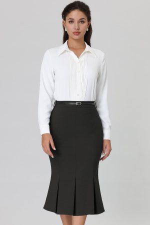 Women's Work Solid Belted Pleated Fishtail Midi Skirt