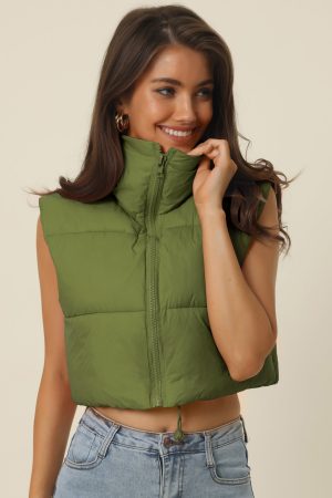 Padded High Stand Collar Lightweight Zip Crop Jacket Puffer Vest