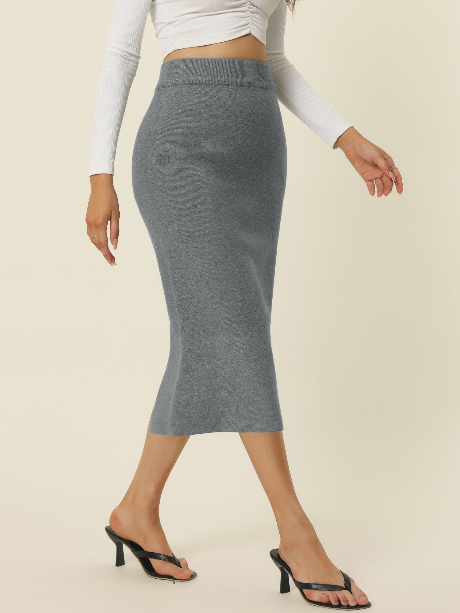 Women's Elastic High Waist Slit Hem Stretchy Classic Midi Skirt - Image 14