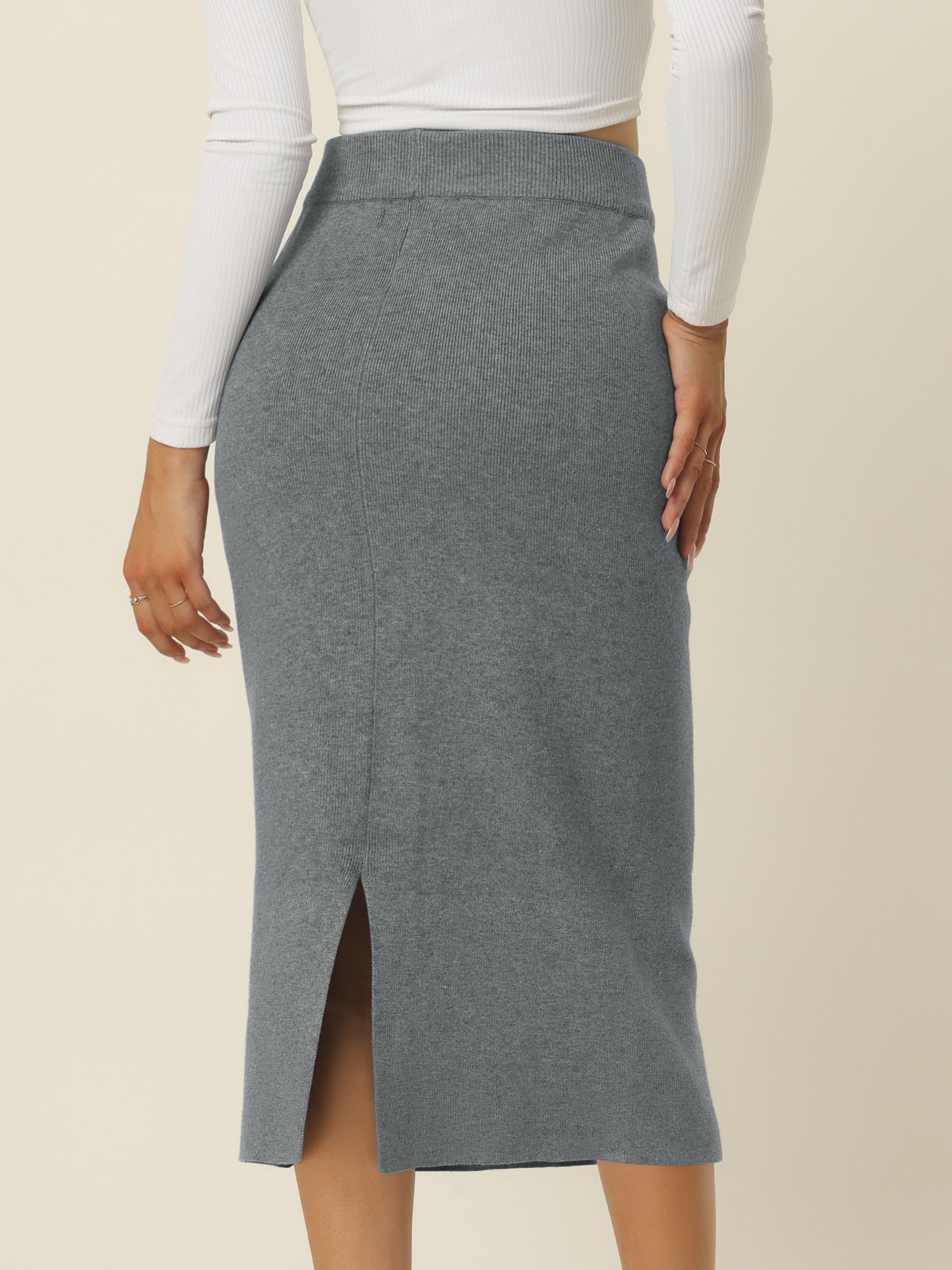 Women's Elastic High Waist Slit Hem Stretchy Classic Midi Skirt - Image 15