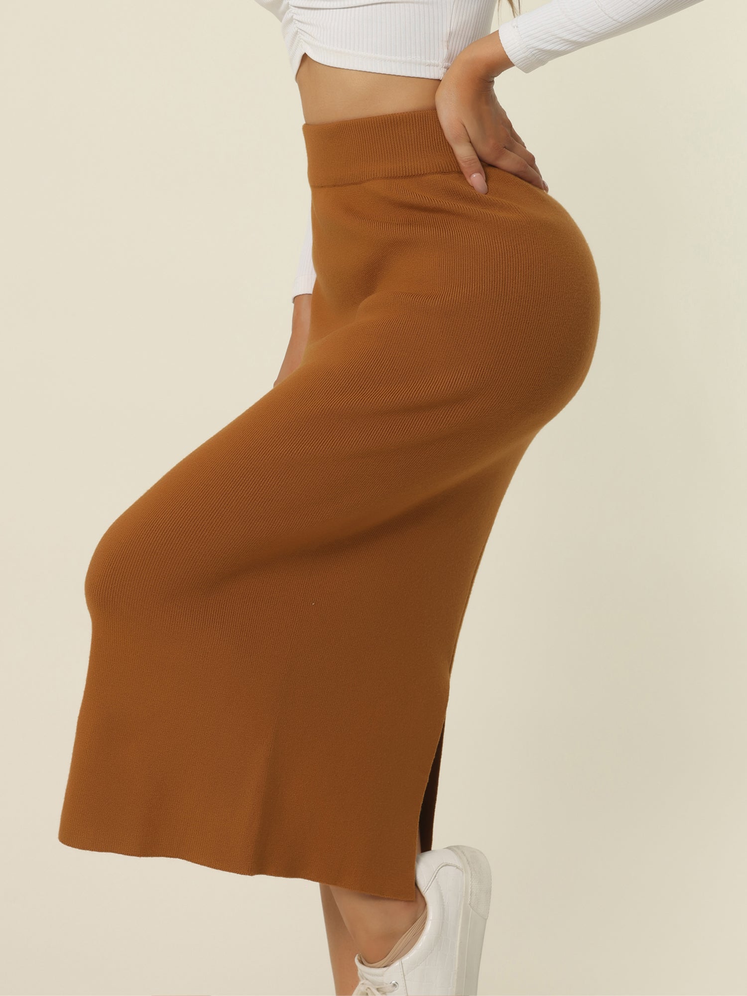 Women's Elastic High Waist Slit Hem Stretchy Classic Midi Skirt - Image 7