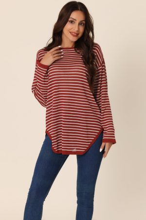 Women's Long Sleeve Back Split Striped Knit Pullover Sweater Curved Hem Fashion Jumper Tops