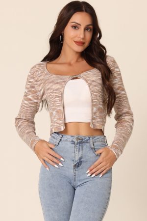 Women's Casual Long Sleeve Open Front Stripe Knitted Fashion Butterfly Buckle Crop Sweater Cardigan