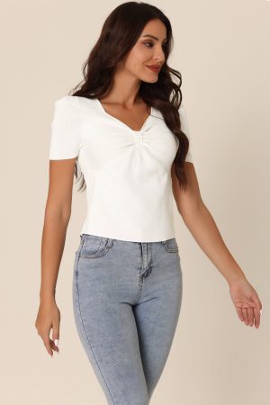 Women's Summer Casual Sweetheart Neck Short Sleeves Ribbed Knit Tops Twisted Front Pullover Sweater