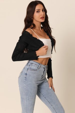 Women's Casual Long Sleeve Crop Sweater Cardigan Ruffle Trim Open Front Lightweight Knit Shrug