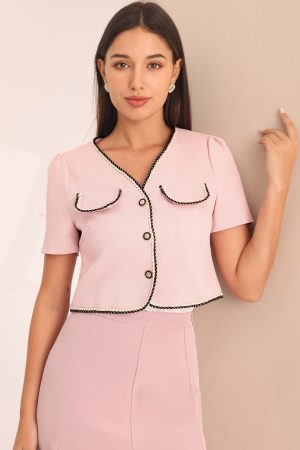 Women's Tweed Jacket Contrast Color Button Down Short Sleeve Work Office Blazer