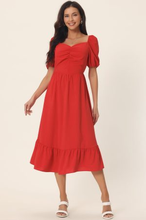 Women's Summer Dresses Casual Flowy Beach Square Neck Puff Short Sleeve Smocked Back Midi Dress with Pockets