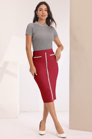 Women's Pencil Skirt High Waist Tweed Trim Work Bodycon Midi Skirts