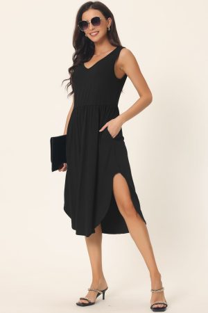 Summer Sleeveless V Neck Casual Midi Beach Dress with Pockets