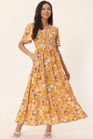 Casual Floral Short Flutter Sleeve V Neck Smocked High Waist Flowy Maxi Dress with Pockets