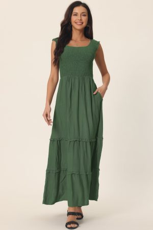 Sleeveless Summer Scoop Neck Ruffle Tiered Casual Maxi Dress with Pockets