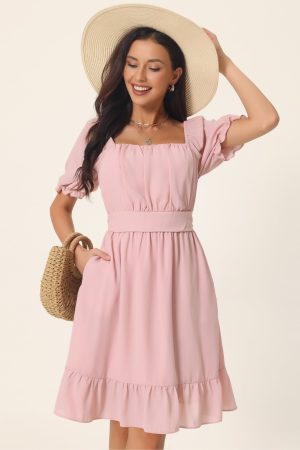 Women's Summer Dresses Square Neck Puff Short Sleeve Smocked Back Ruffle A-Line Casual Mini Dress