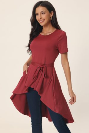 Women's Short Sleeve High Low Hem Belted Tie Waist Pocketed Blouse