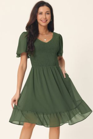 Women's Flowy Chiffon Dresses Summer Smocked V Neck Flutter Short Sleeve Ruffle Casual Mini Dress