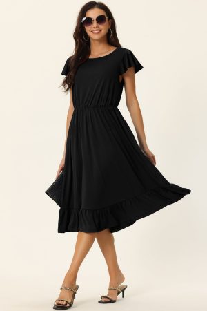 Casual Flutter Short Sleeve Crew Neck Ruffle Hem Midi Dress with Pockets
