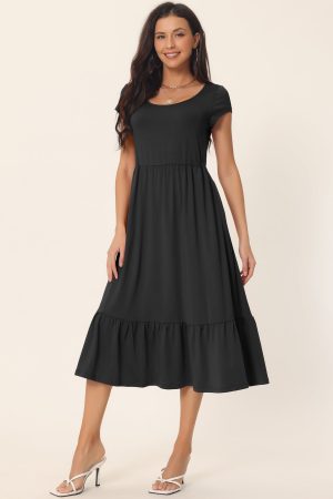 Casual Tiered Round Neck Ruffle Hem Short Cap Sleeve Knit Midi Dress with Pockets