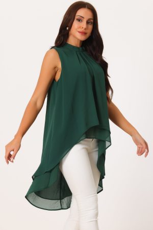 Casual Tie Back Asymmetrical High Low Sleeveless Mock Neck Flowy Tunic Blouse