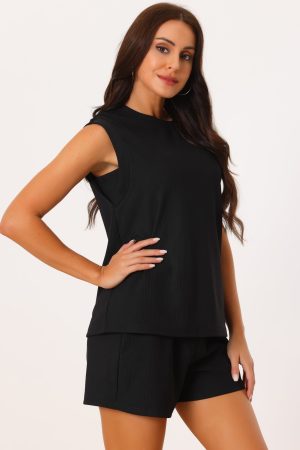 Women's Two Piece Outfits Knit Set Stretchy Ribbed Sleeveless Tank Top and Shorts Tracksuit Lounge Sets