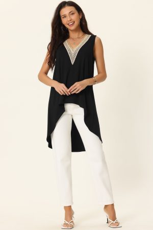 High Low Asymmetrical Top Sleeveless V Neck Irregular Hem Flowy Blouse Tops