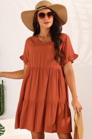 Pockets Ruffle Short Sleeve Tiered A-Line Flowy Beach Babydoll Dress