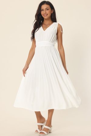 Women's Casual Sleeveless High Waist V Neck Flowy Ruffle Pleated Midi Dress