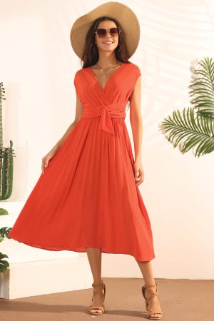 Women's Casual Sleeveless Wrap V Neck Flowy Ruffle Pleated Midi Dress with Belt