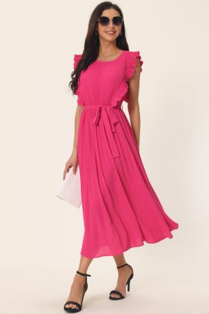 Casual Midi Ruffle Sleeveless Crewneck Pleated Flowy Belted Dress