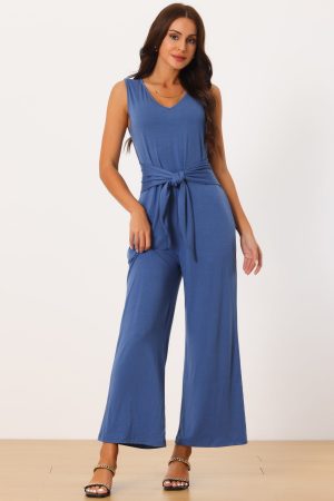 Sleeveless Tie Waist Stretchy Wide Legs Jumpsuits with Pockets