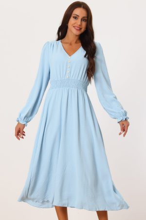 Women's Casual Long Sleeve V Neck Vintage Smocked Waist Flowy Midi Dress